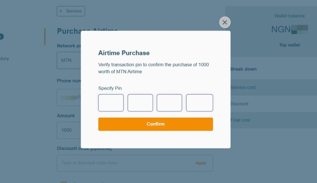 Airtimeflip PIN verification for airtime purchase
