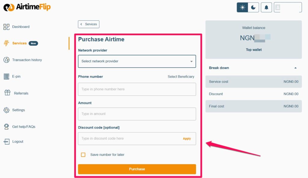 airtimeflip airtime purchase