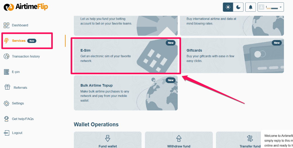 esim service on airtimeflip