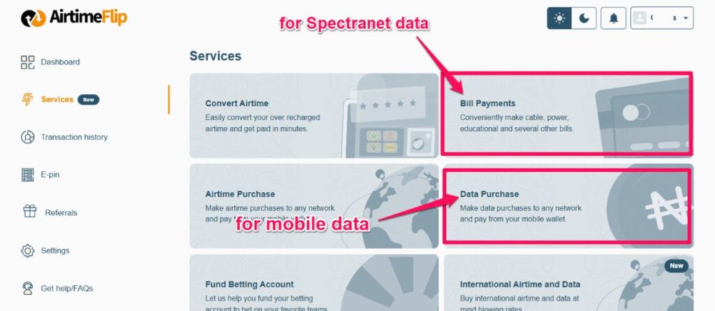 Spectranet and Mobile Data AirtimeFlip Services
