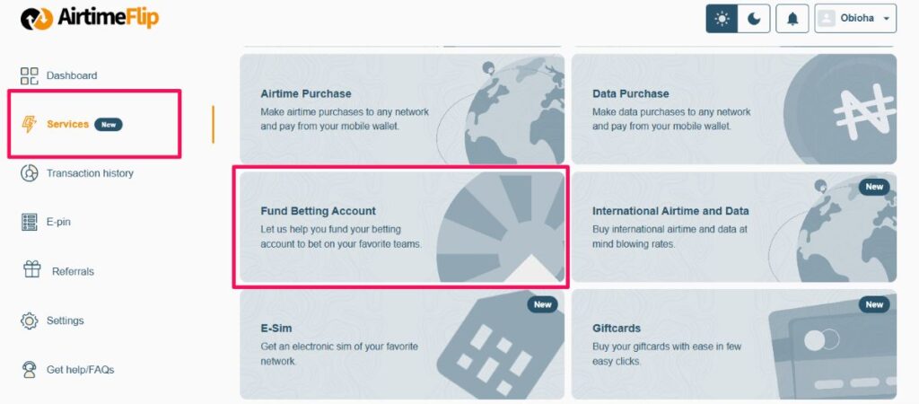 Fund betting wallet service on AirtimeFlip
